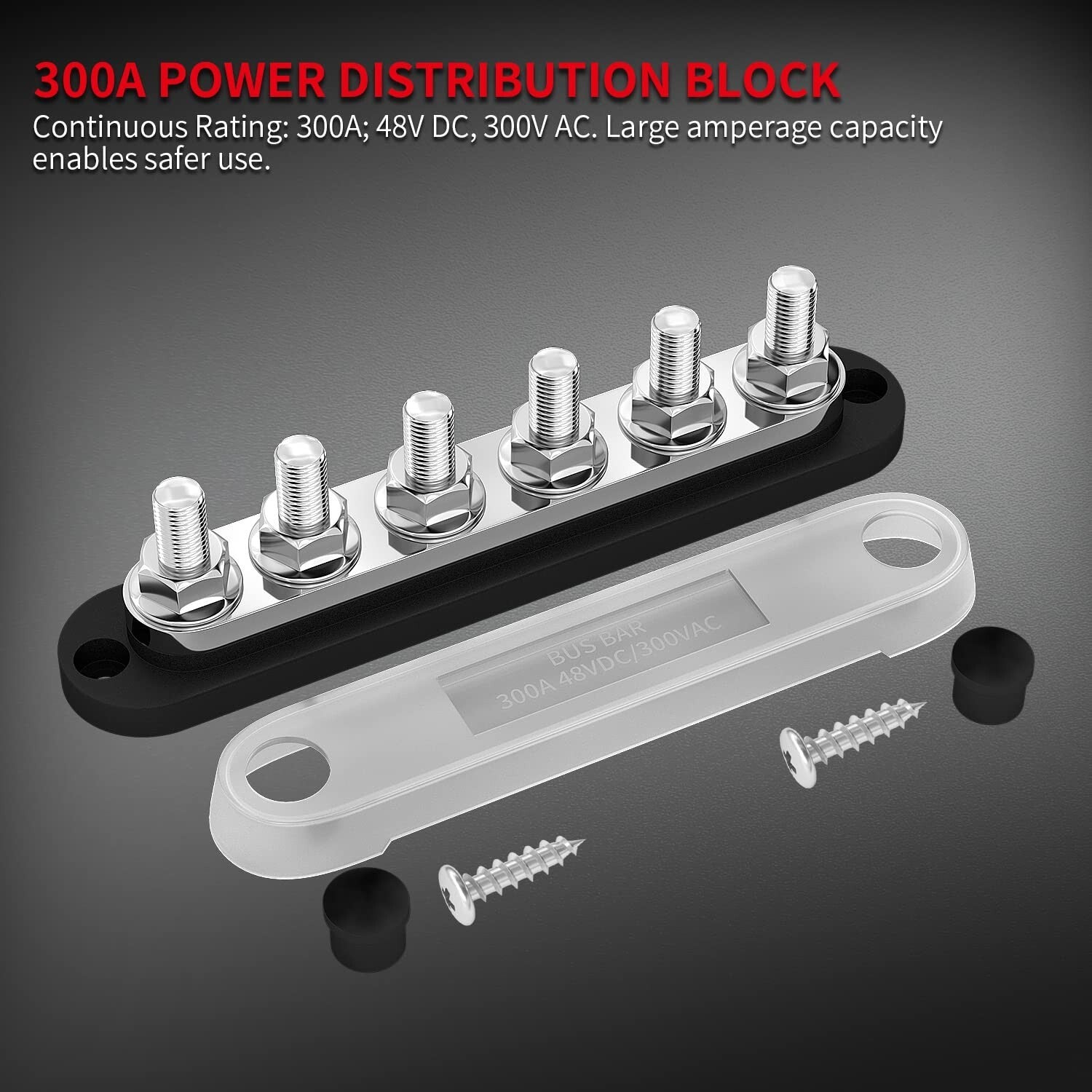 300A 12V Marine Power Distribution Block with Cover - 6 M10 Terminal Studs
