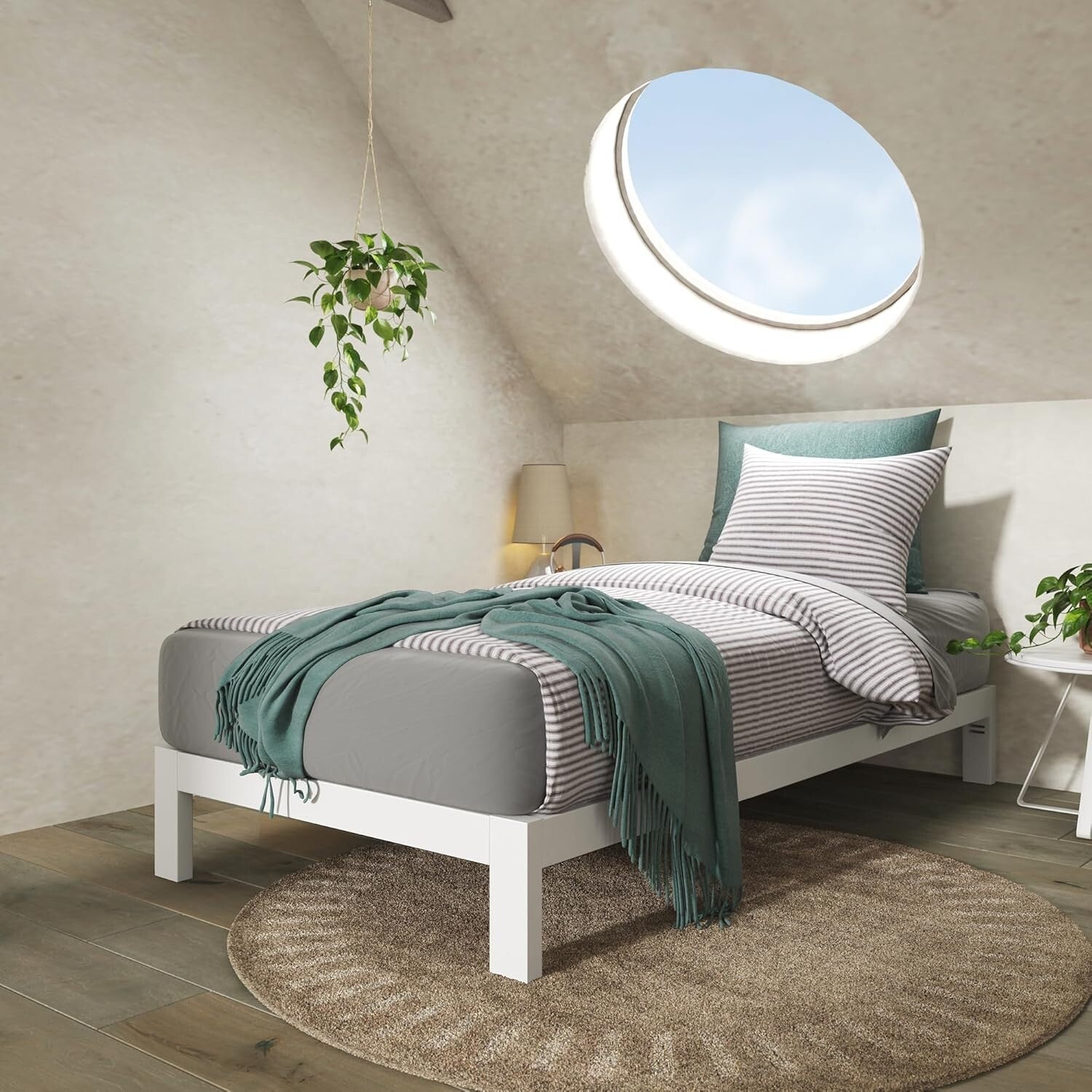 Arnav Twin Bed Frame in White – Strong Steel Construction, Headboard Compatible