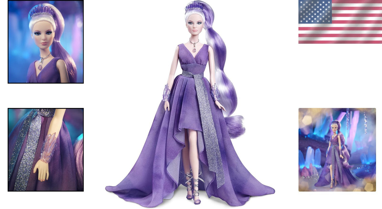 Unique Amethyst Doll 13in - Chiffon Gown, Crown, and Certificate of Authenticity