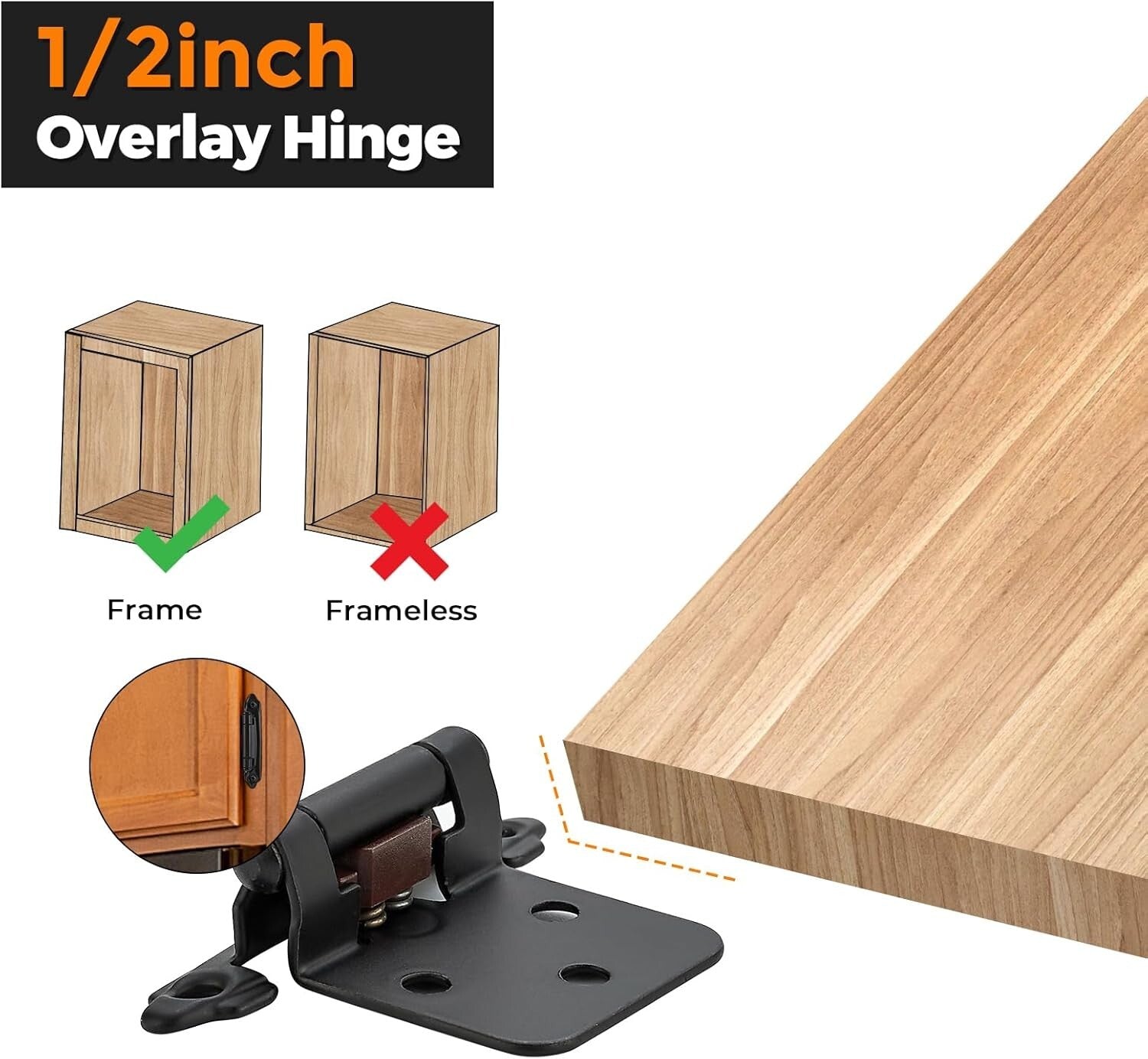 Durable 60 Pack of 1/2" Overlay Black Cabinet Hinges with Quiet Closing Bumpers