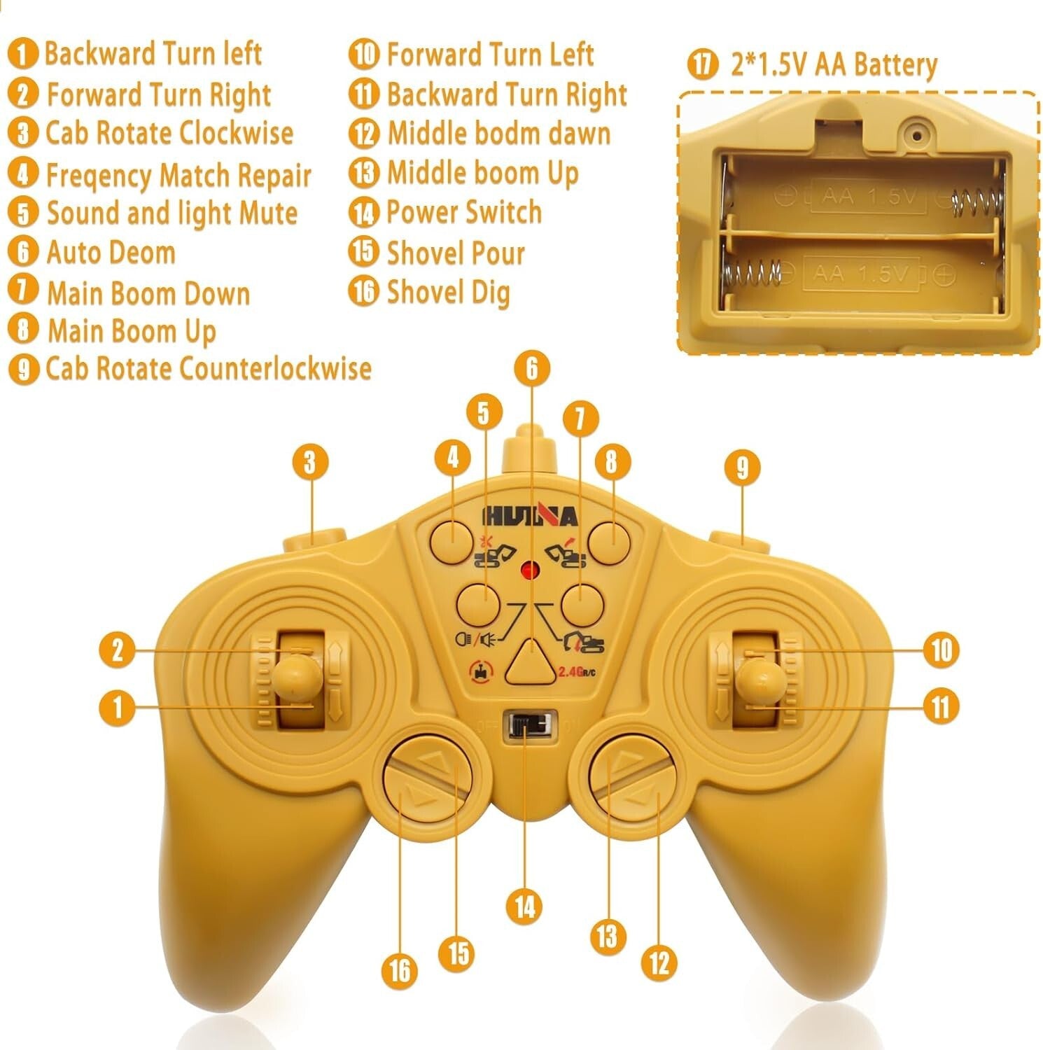 15 Channel Remote Control Excavator Toy - Full Function Digger with Metal Shovel