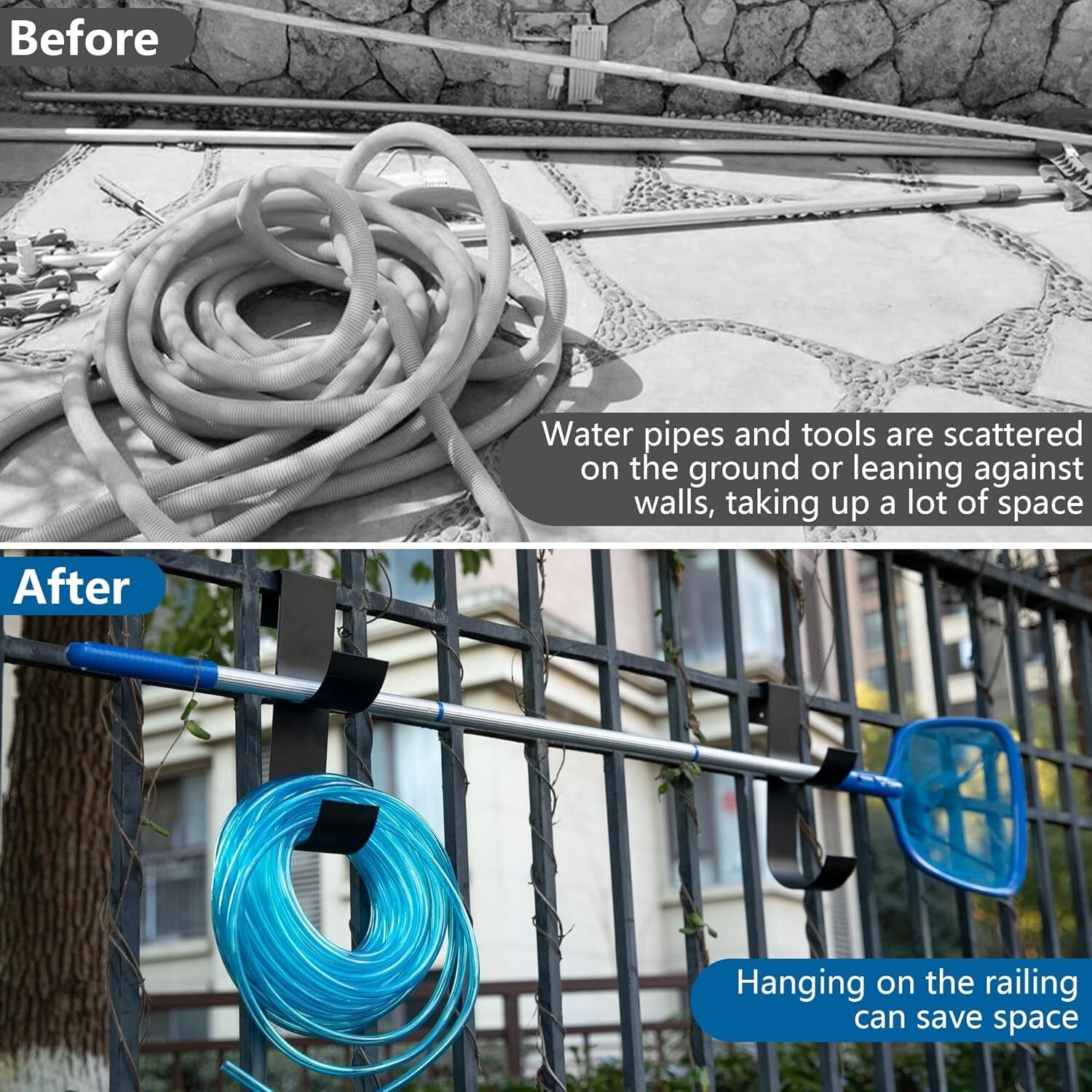 4-Piece Heavy-Duty Pool Fence Hooks - Slip-On Black Hangers for Outdoor Storage