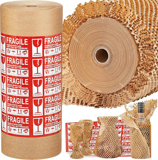 15''x400' Honeycomb Wrap with 30 Fragile Labels - Ideal for Shipping & Gifts