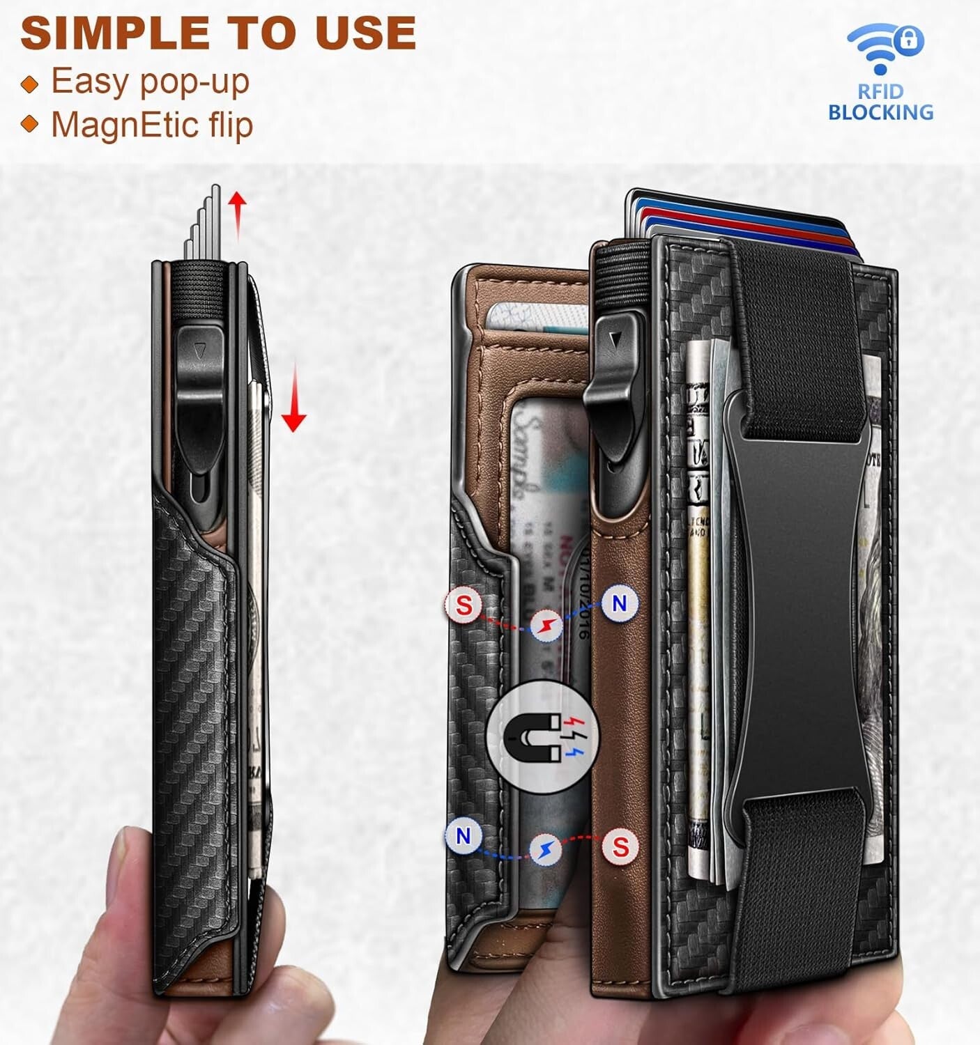 Men's Carbon Fiber Leather Wallet - Magnetic Flip, Pop-Up Cash & Card Holder