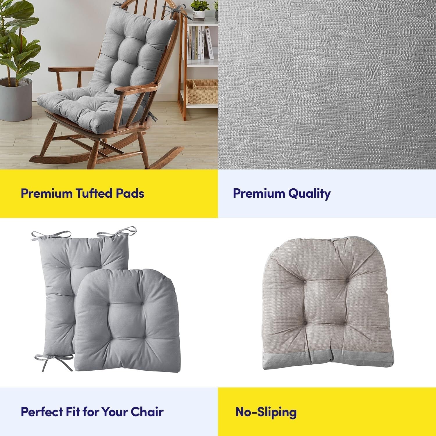 Tufted Plush Non-Slip Chair Pads Set - Machine Washable, 2-Piece Elegant Silver