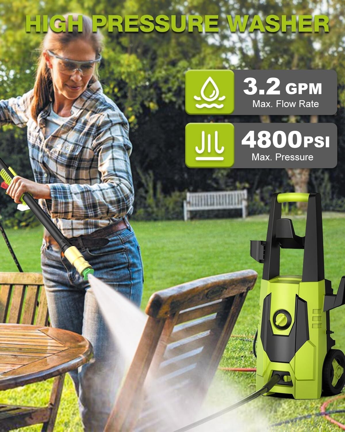 4800 PSI Electric Pressure Washer - Powerful 3.2 GPM Cleaning System in Green