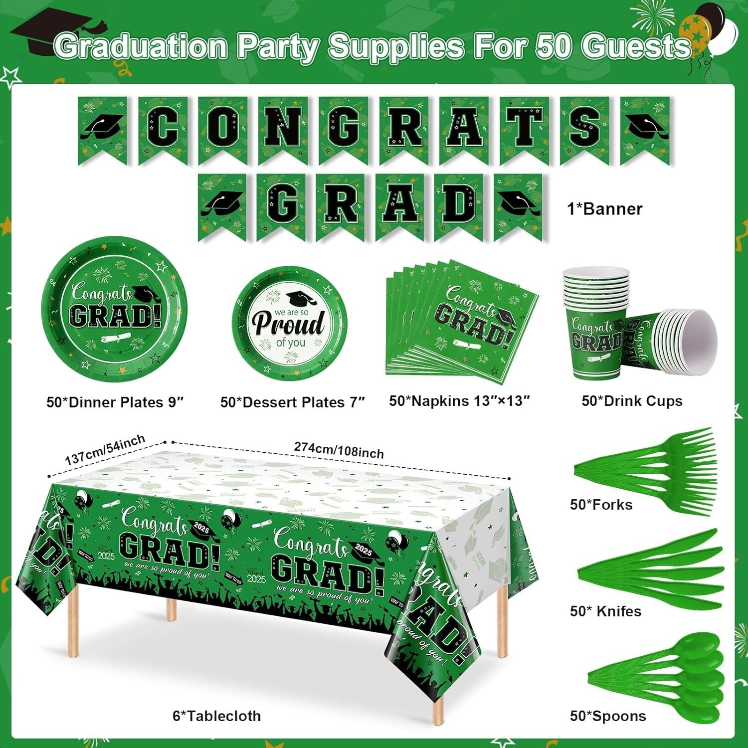 Class of 2025 Graduation Decorations - 357 Pcs Dinnerware, Banner & Tablecloth