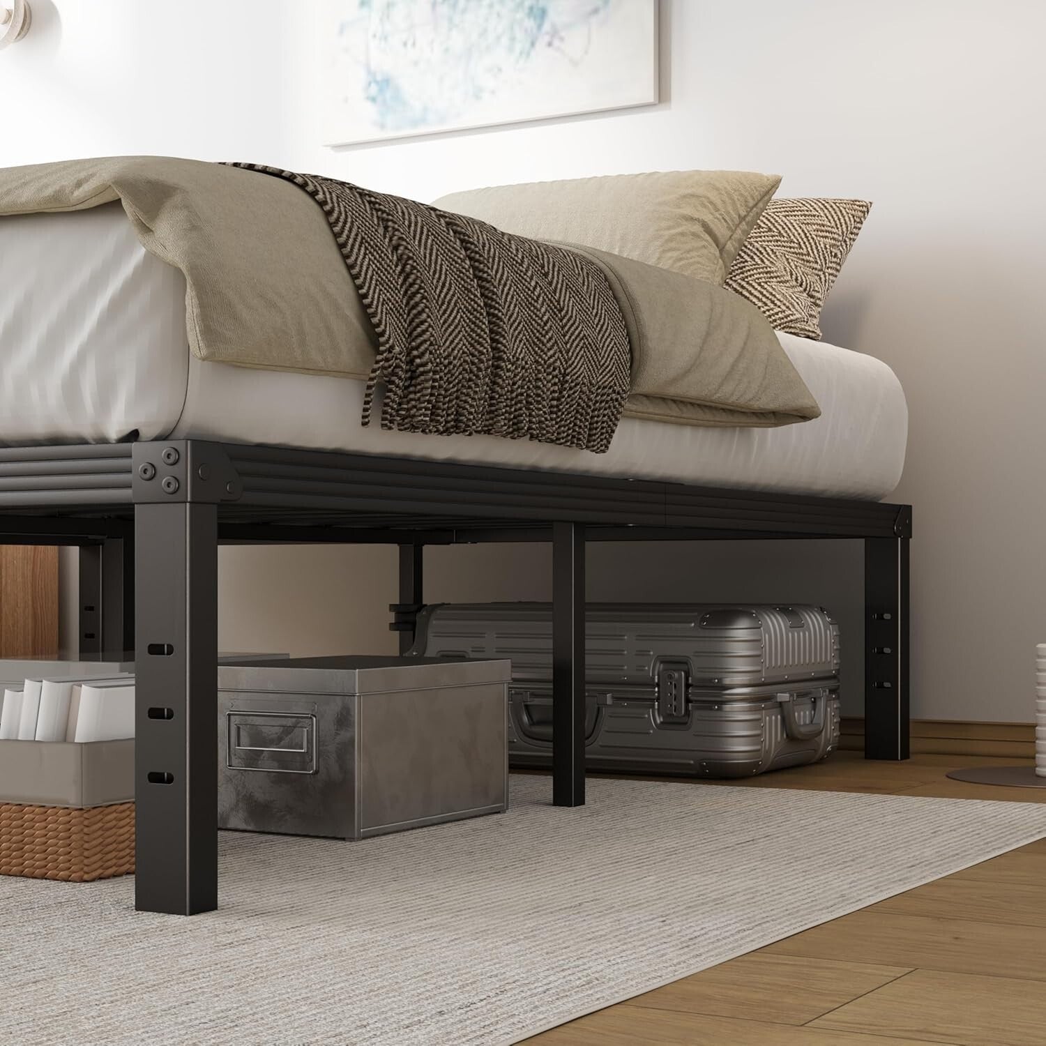 Durable King Metal Bed Frame: 16" Tall with Under-Bed Storage & No Box Spring