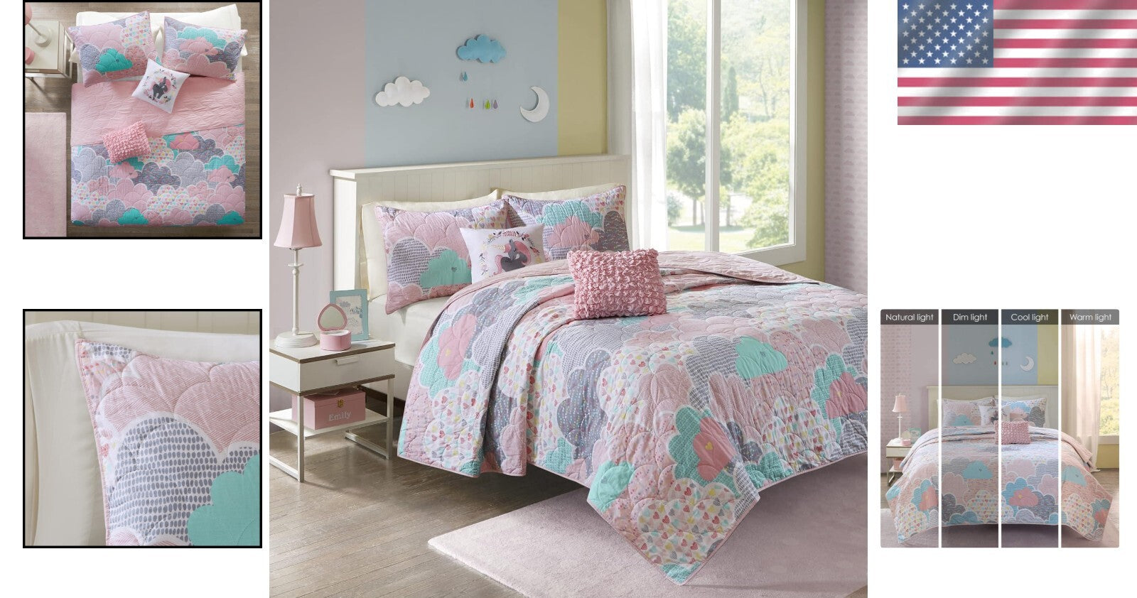 Whimsical Reversible Cotton Quilt Set for Kids - Cloud Pink Full/Queen