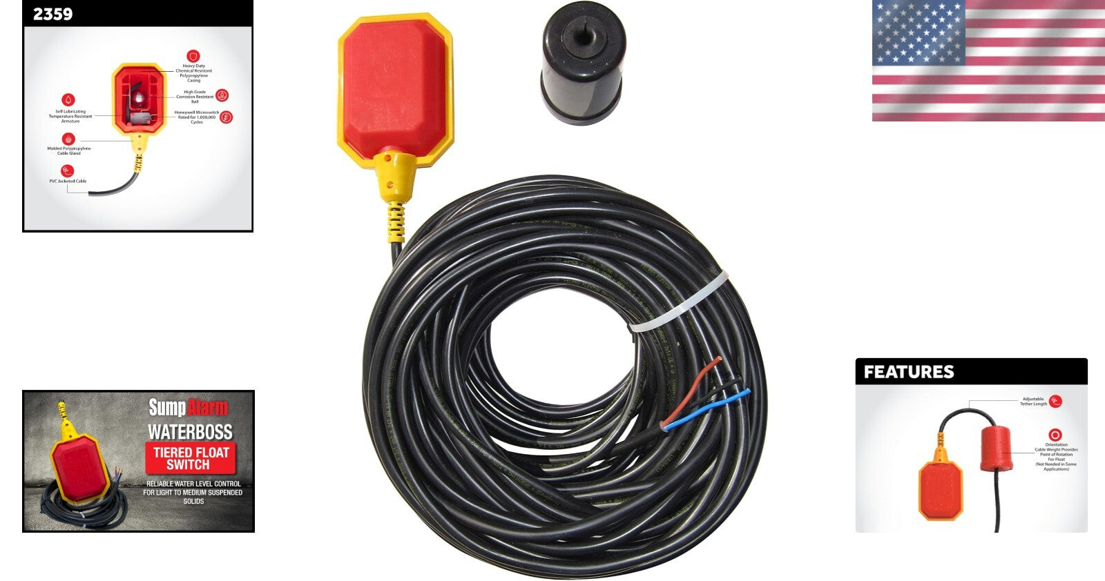 Adjustable Tether Water Level Sensor for Sump Pumps - Non-Corrosive Design