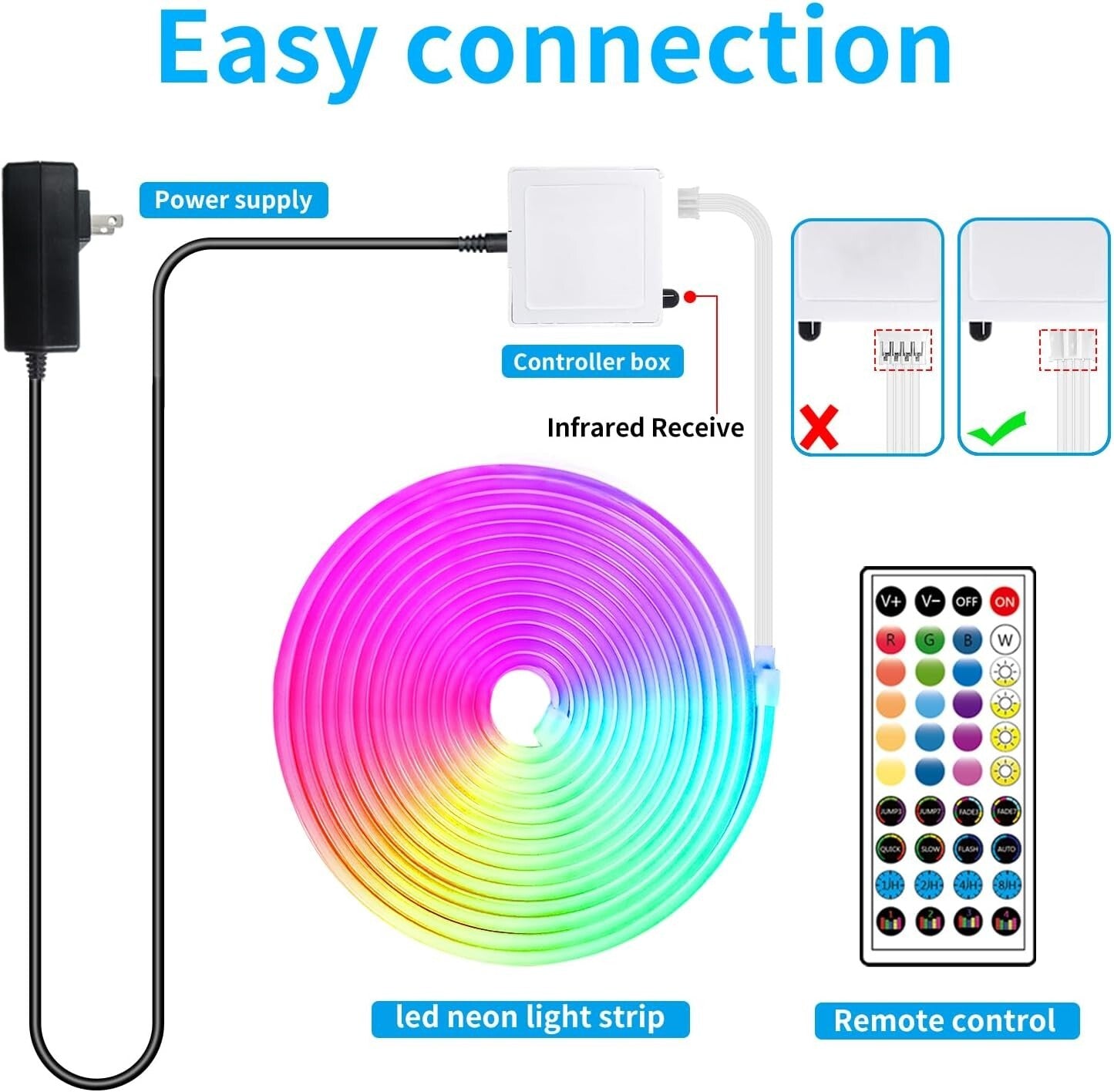 50ft RGB Waterproof LED Neon Strip Lights with Remote & App Control - 24V
