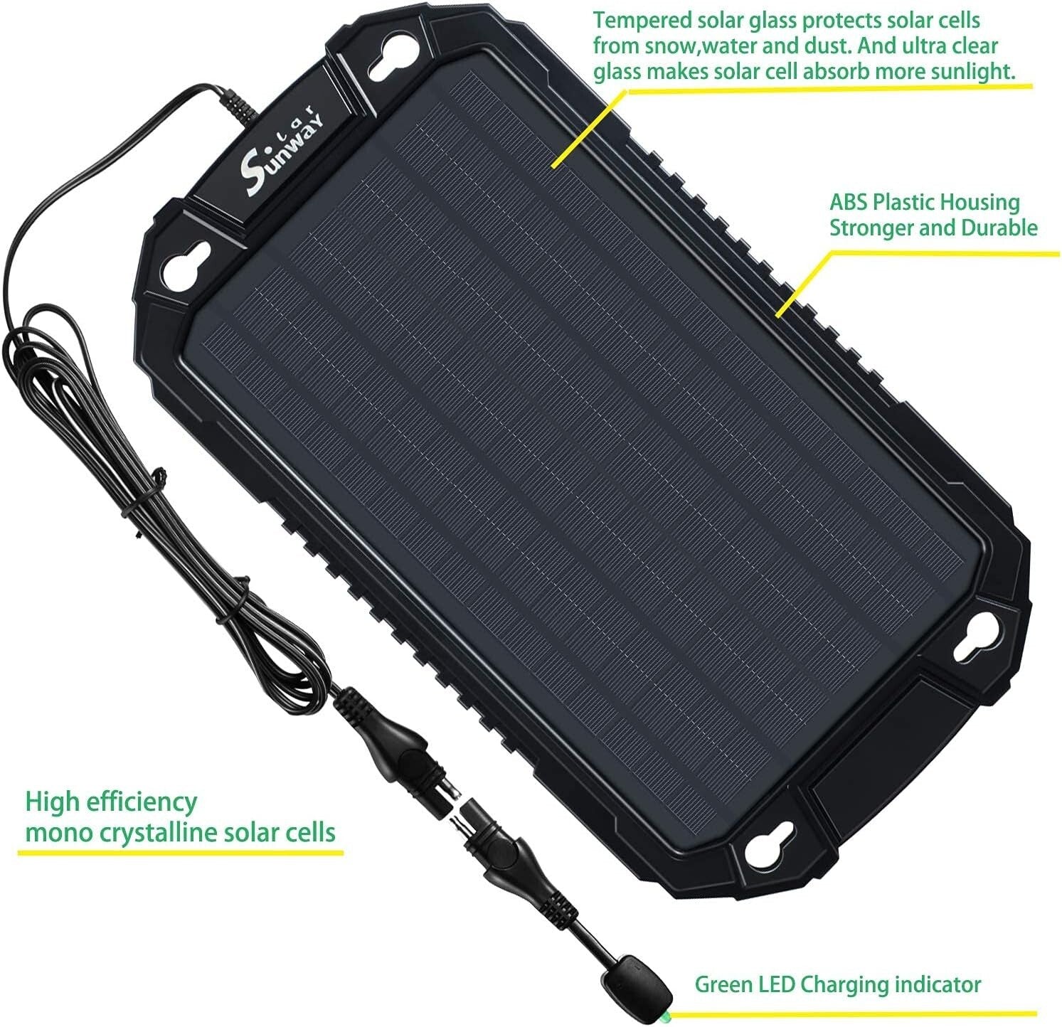 Waterproof Solar Battery Maintainer - 12V Charger for Cars, Trucks & Marine