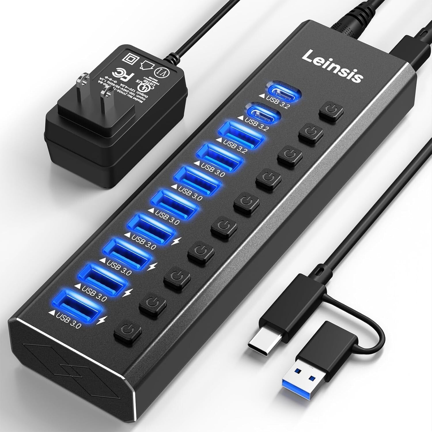 10-Port USB 3.2 Hub with Power Adapter & Individual Switches for Devices