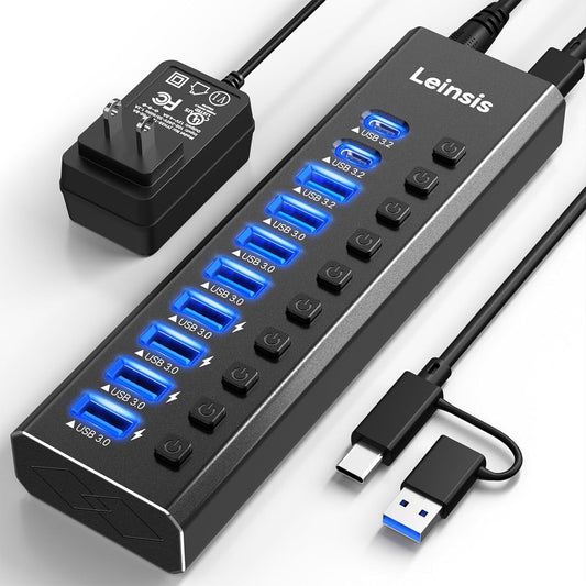 10-Port USB 3.2 Hub with Power Adapter & Individual Switches for Devices