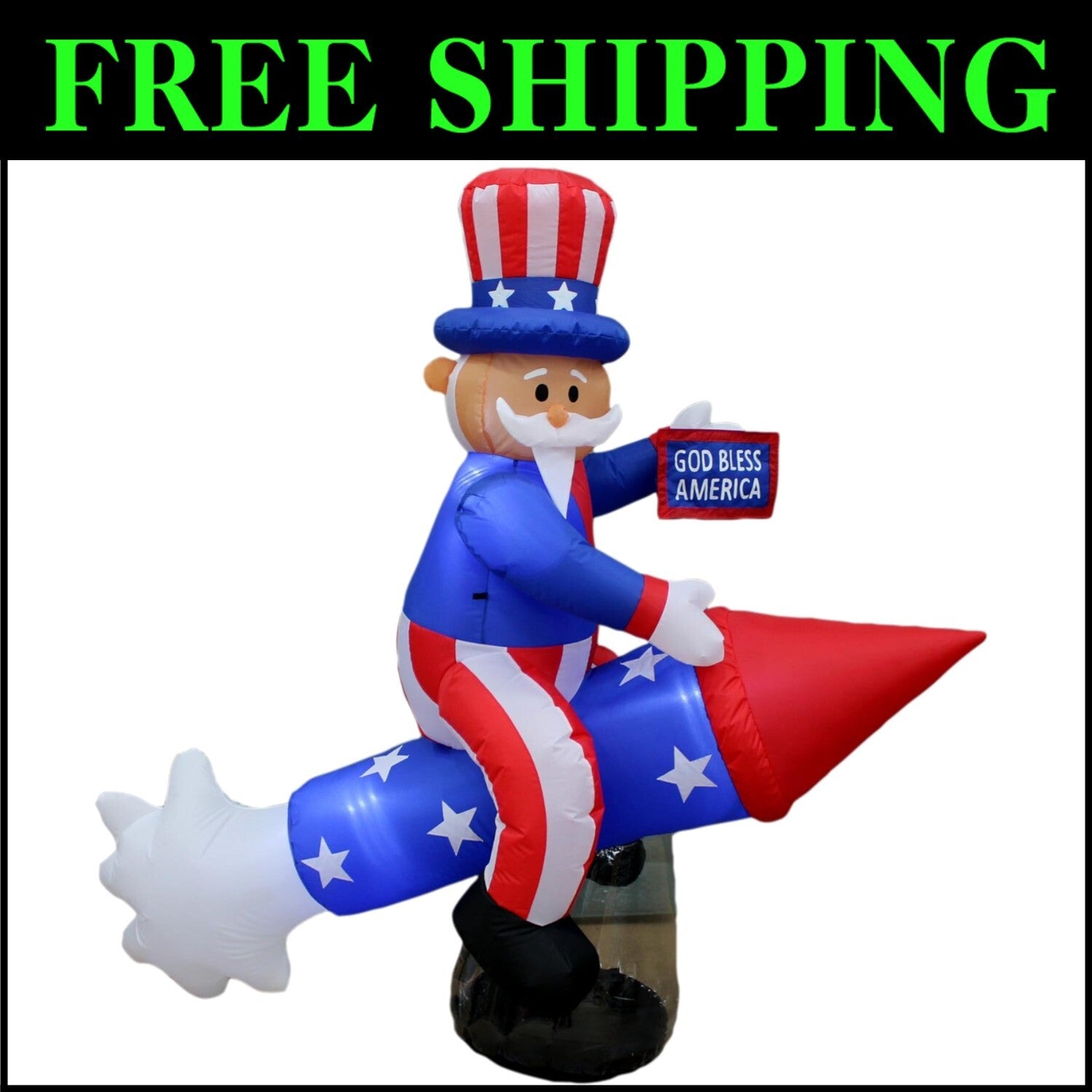 Patriotic 6ft Uncle Sam Inflatable - Easy Install with LED Lights for July 4th