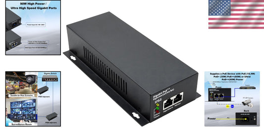 Efficient 90W PoE++ Injector Adapter - 10/100/1000Mbps High-Speed Connectivity