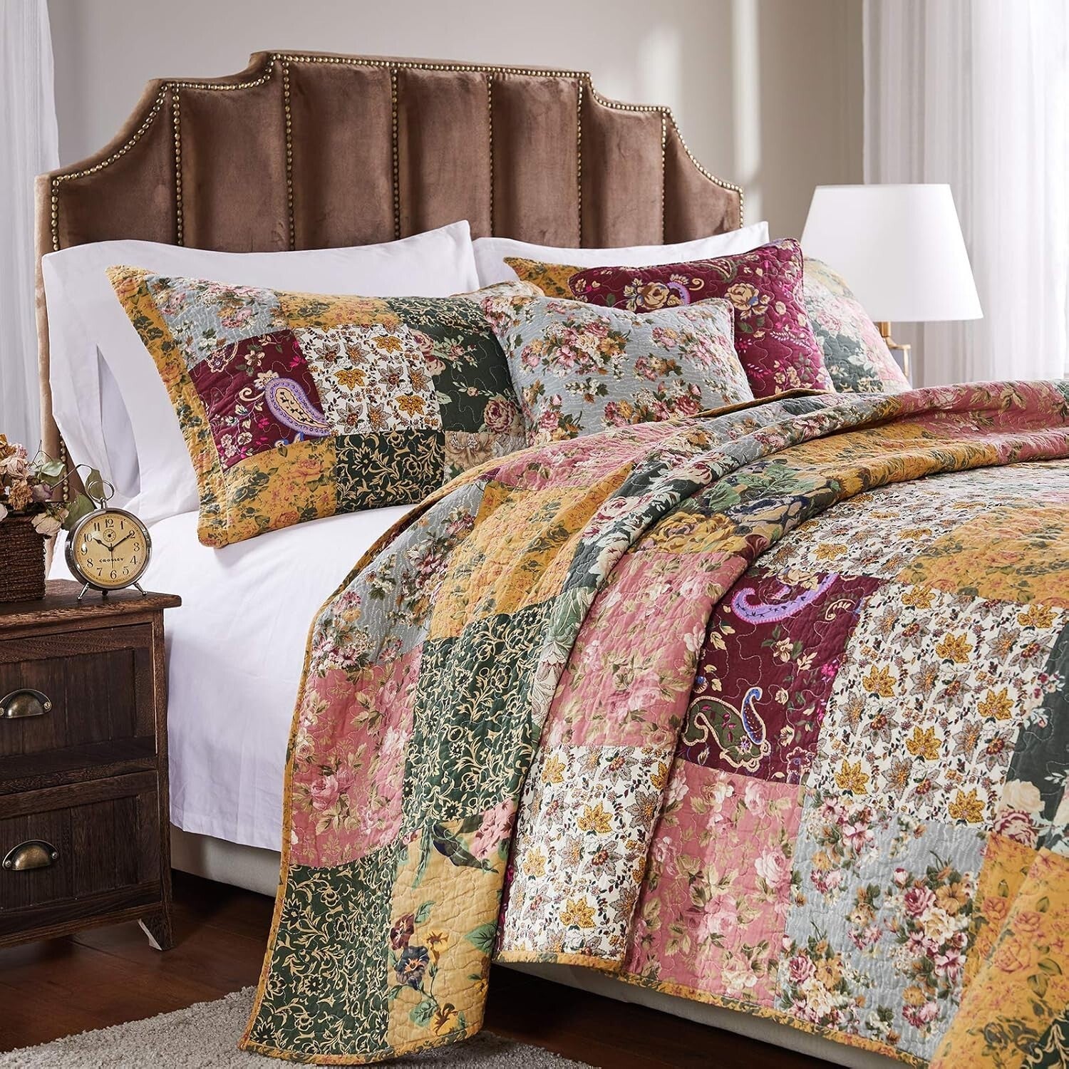 Elegant 3-Piece Full/Queen Cotton Patchwork Quilt Set - Natural Floral Design