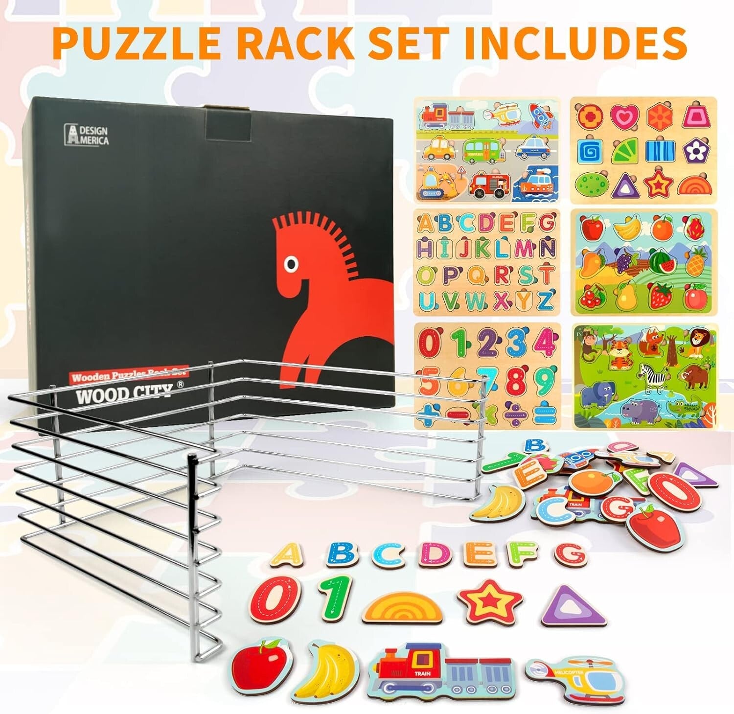 Wooden Educational Puzzle Set for Toddlers with Storage Rack - 6 Engaging Themes