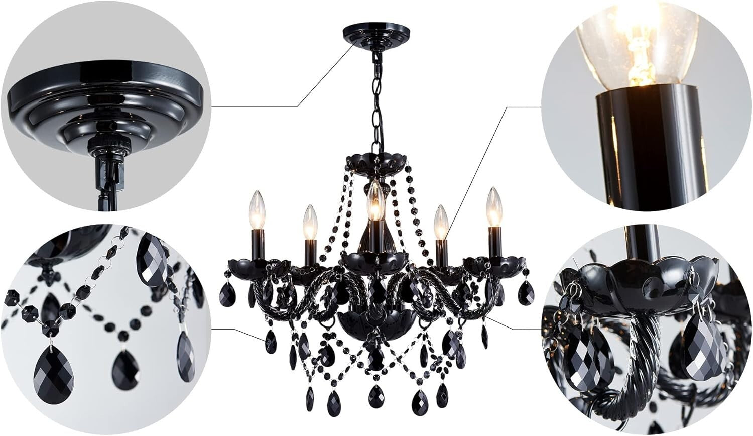 Adjustable Black Crystal Chandelier with 5 Dimmable Lights - 19" Ceiling Fixture