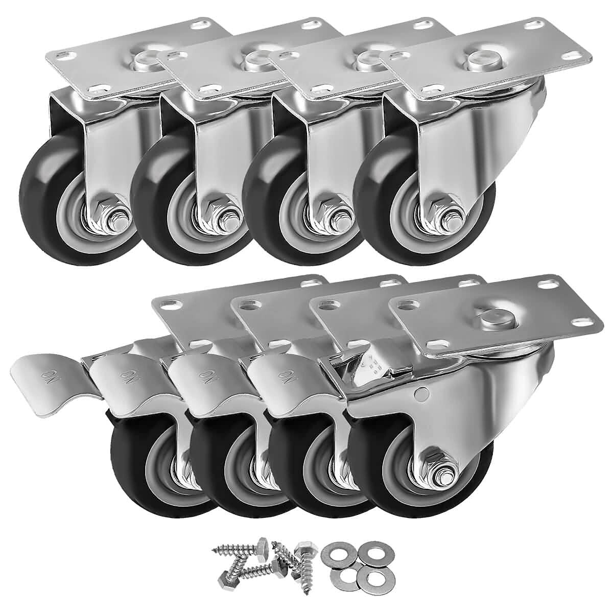 8 Pack Heavy-Duty 3" Swivel Plate Casters with Brakes for Effortless Mobility
