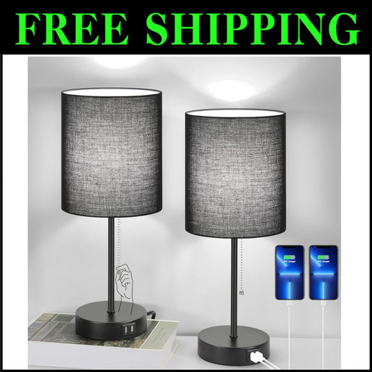 Contemporary Black Table Lamps Set with AC Outlet & Fabric Shade for Ambiance
