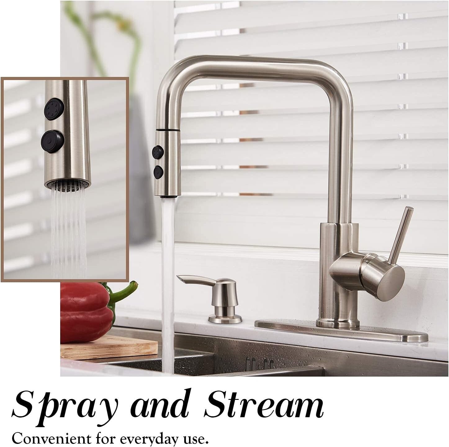 Eco-Friendly Kitchen Sink Faucet with Pull Out Sprayer & Stylish Soap Dispenser