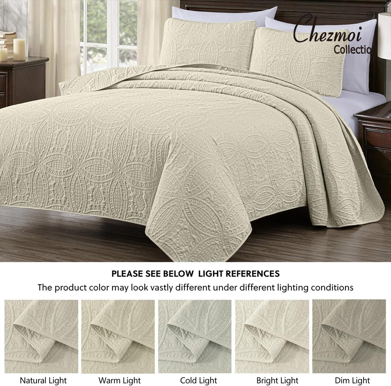 Elegant 3-Piece Ivory King Coverlet with Medallion Pattern - Year-Round Comfort