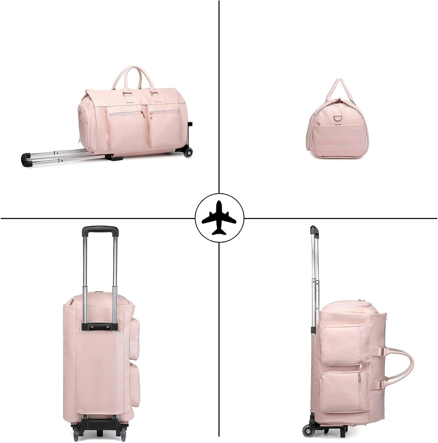 Extra Large Capacity Rolling Garment Bag - Pink Travel Duffle with Shoe Pocket