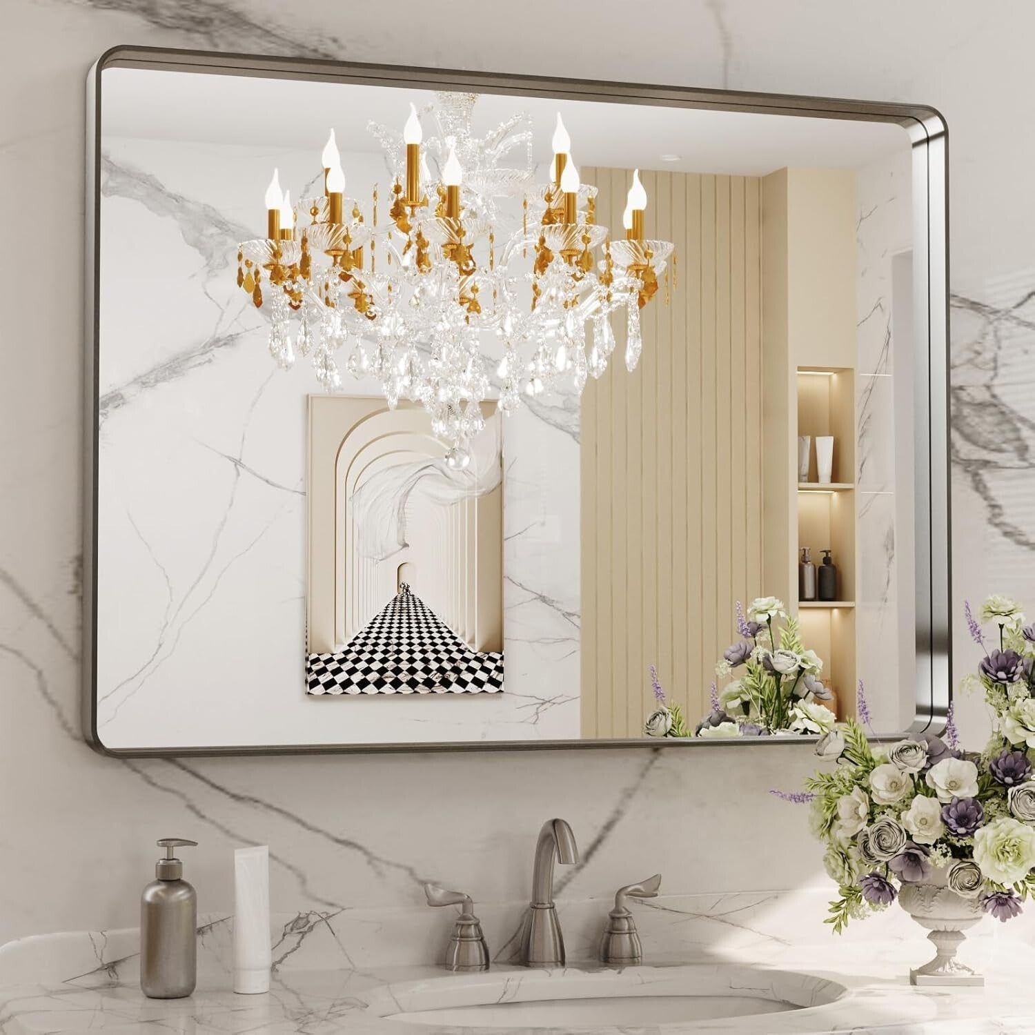 Modern 40"x30" Brushed Nickel Bathroom Mirror - Easy Install & Secure Mounting