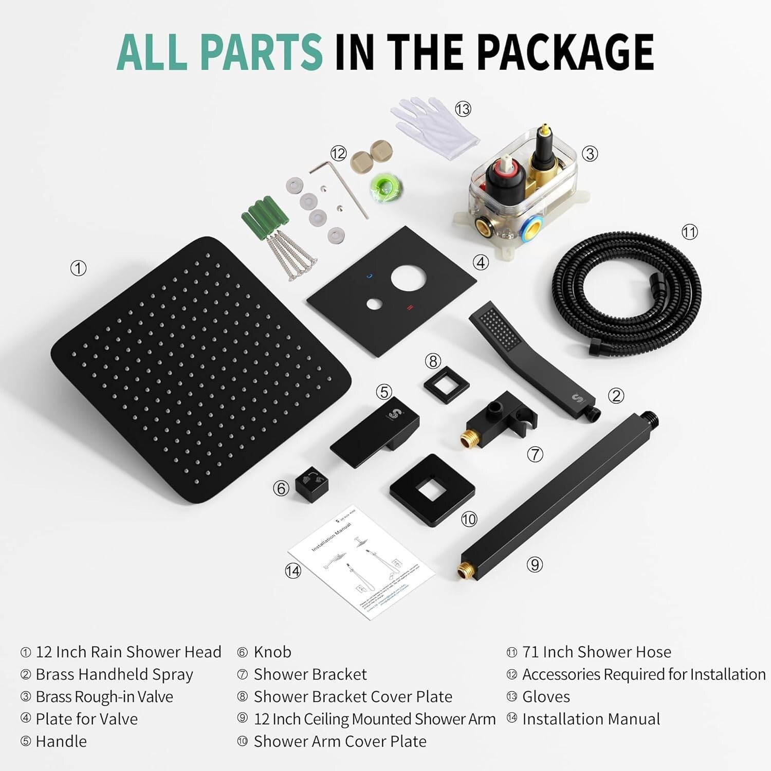 Matte Black Luxury Shower Faucet Set - 12 Inch Rain Shower Head with Trim Kit