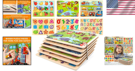 Wooden Educational Puzzle Set for Toddlers with Storage Rack - 6 Engaging Themes
