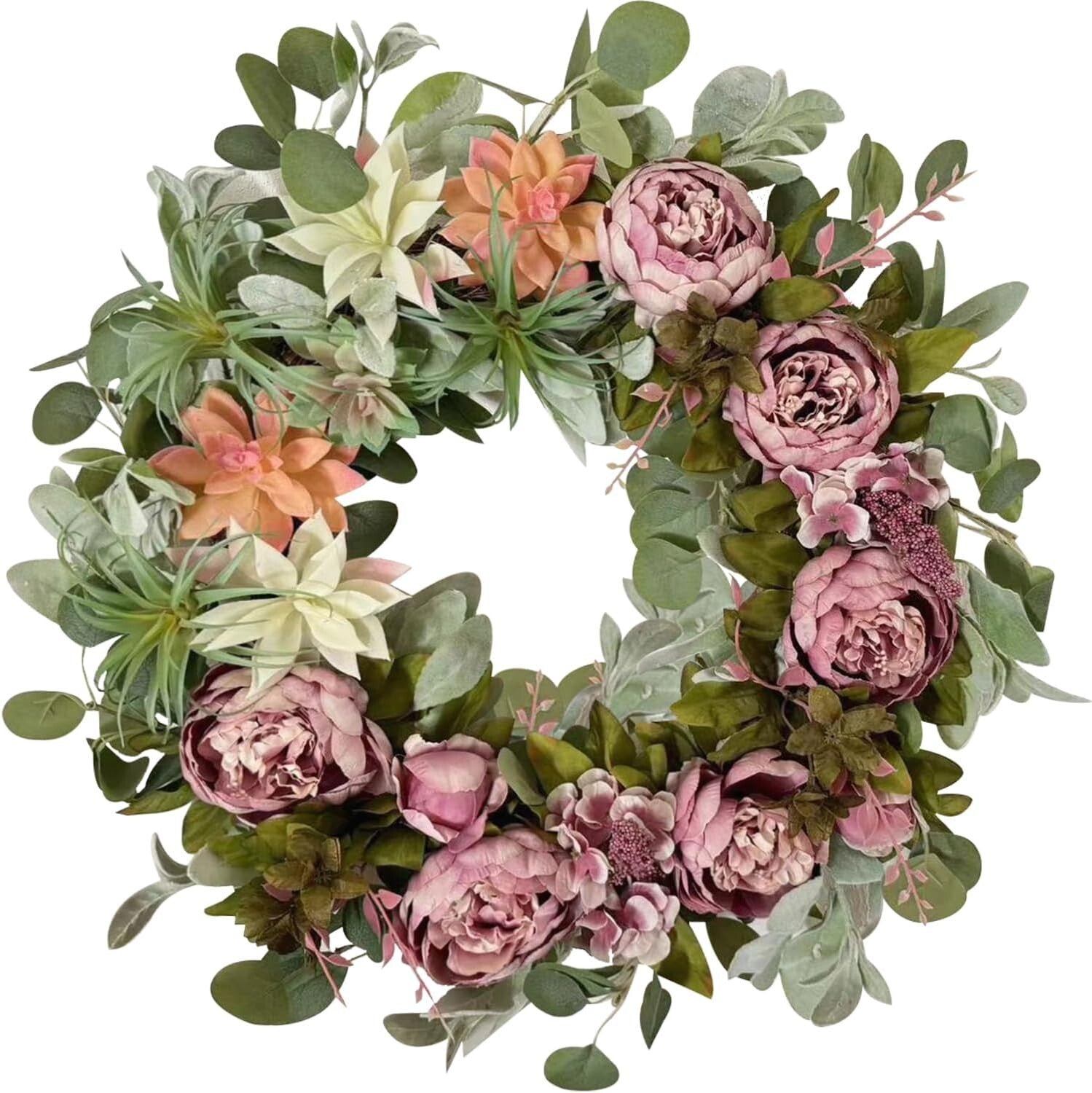 Stylish 24 Inch Spring Peony Wreath with Succulent Arrangement - Indoor/Outdoor