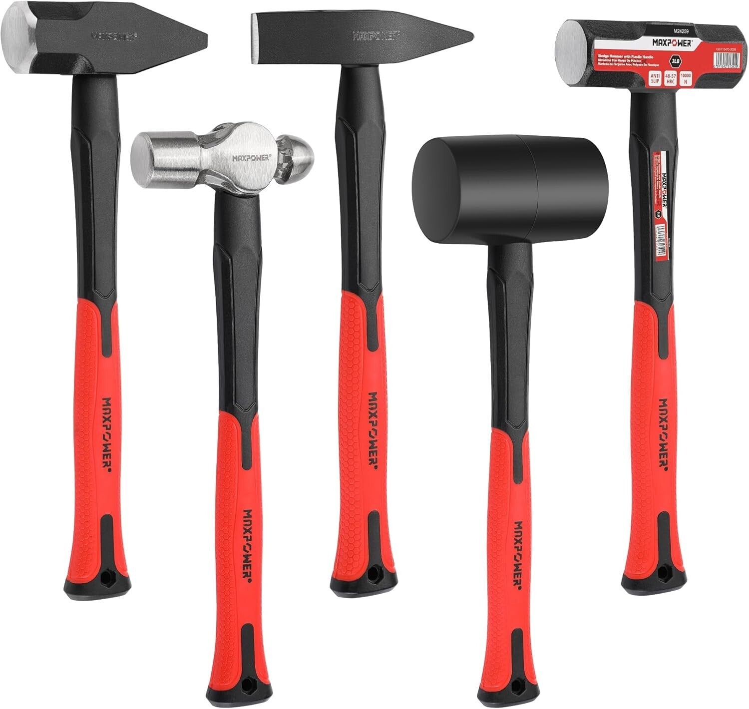 Heavy-Duty 5-Piece Hammer Set with Ergonomic Fiberglass Handles for Comfort