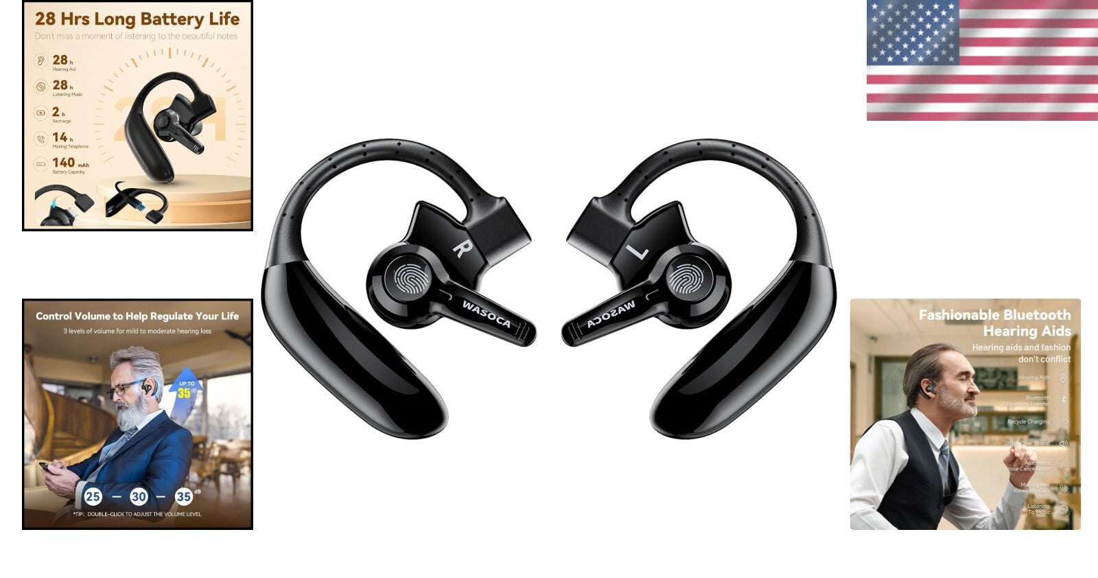 Fashionable Bluetooth Hearing Aids with Noise Cancellation - Rechargeable Model