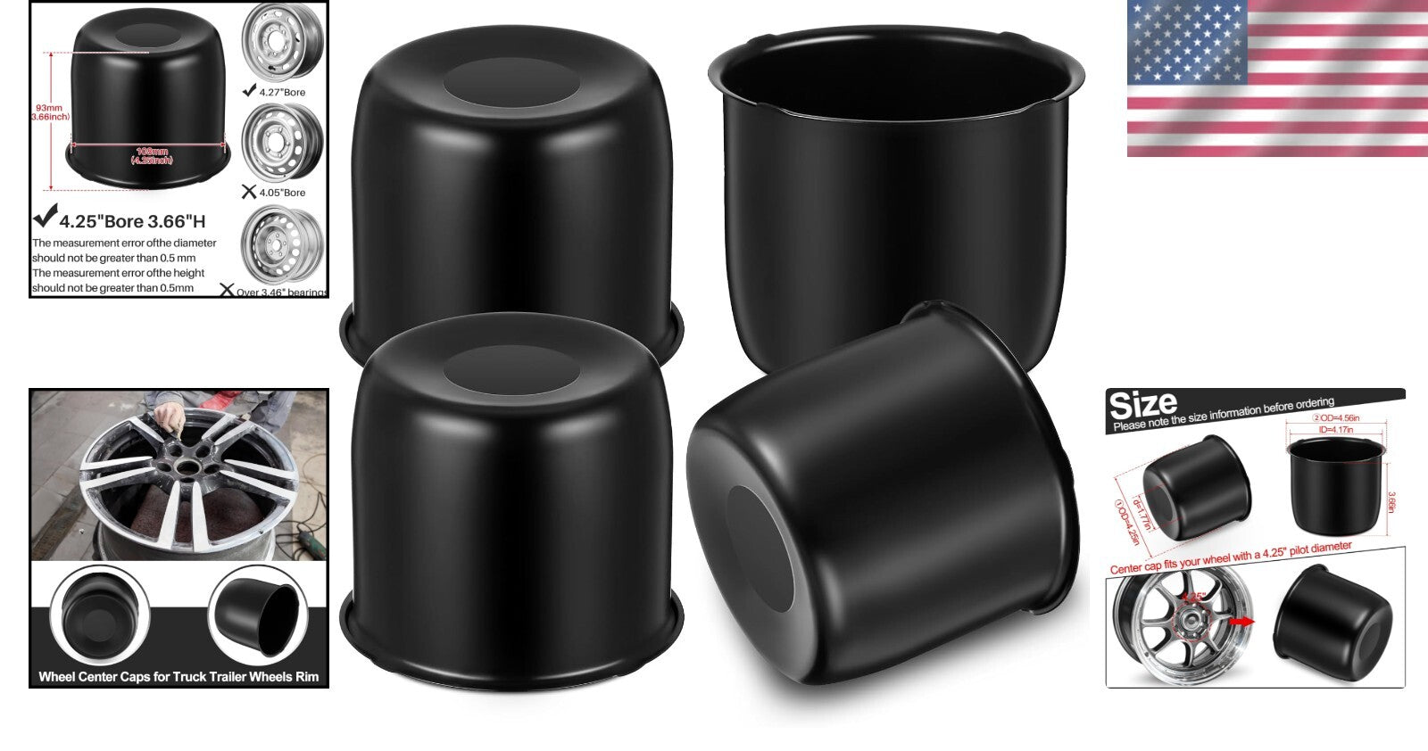 Easy Install Black Wheel Center Caps - 4 Pcs 4.25 Inch for Trailers and Trucks