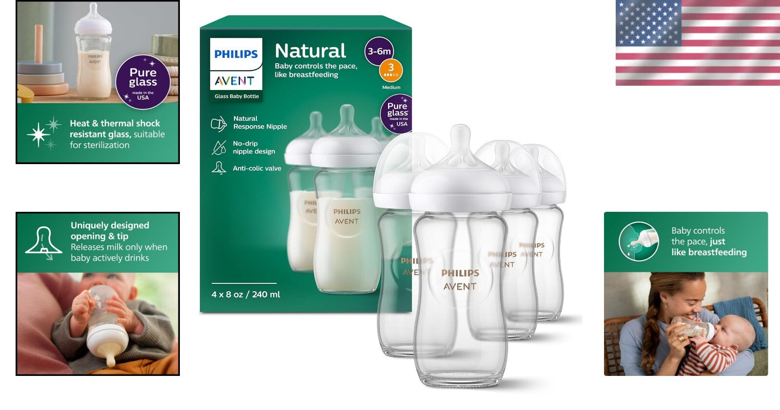 Premium Philips 8oz Glass Baby Bottles - Flow 3 Natural Response Nipples, 4-Pack