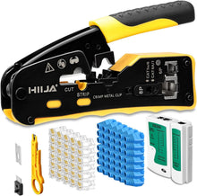 Load image into Gallery viewer, Versatile Pass Through Ethernet Crimper Kit with 50 RJ45 Connectors &amp; Stripper