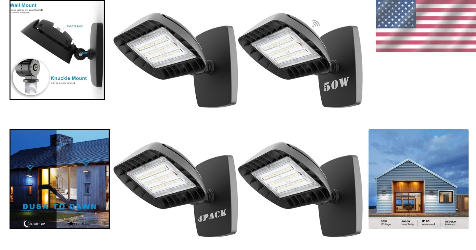 Energy-Saving 50W LED Flood Light Set - IP65 Waterproof, Dusk to Dawn Automation