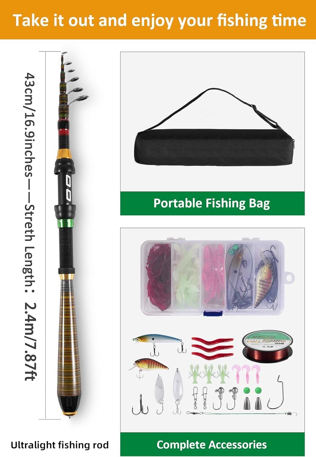 Portable Carbon Fiber Fishing Combo: 7.87ft Telescopic Rod with Spinning Reel