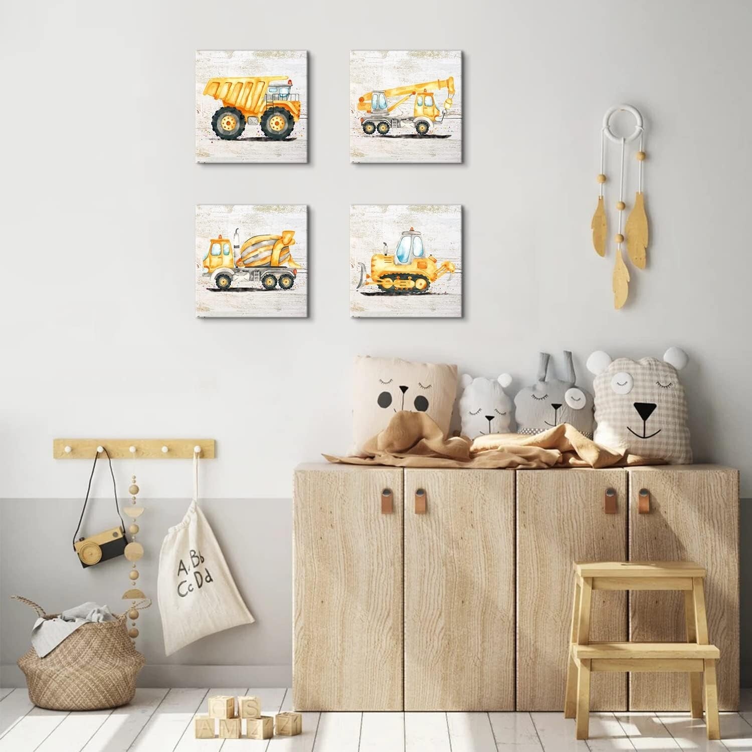Eco-Friendly Construction Vehicle Canvas Art Set for Kids Room - 14x14 Inches