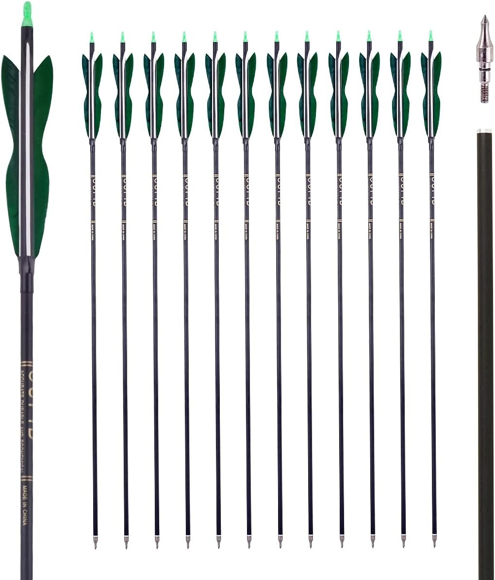 Archery Carbon Arrows 31.5" with Adjustable Nocks & Turkey Feathers - 12 Pack