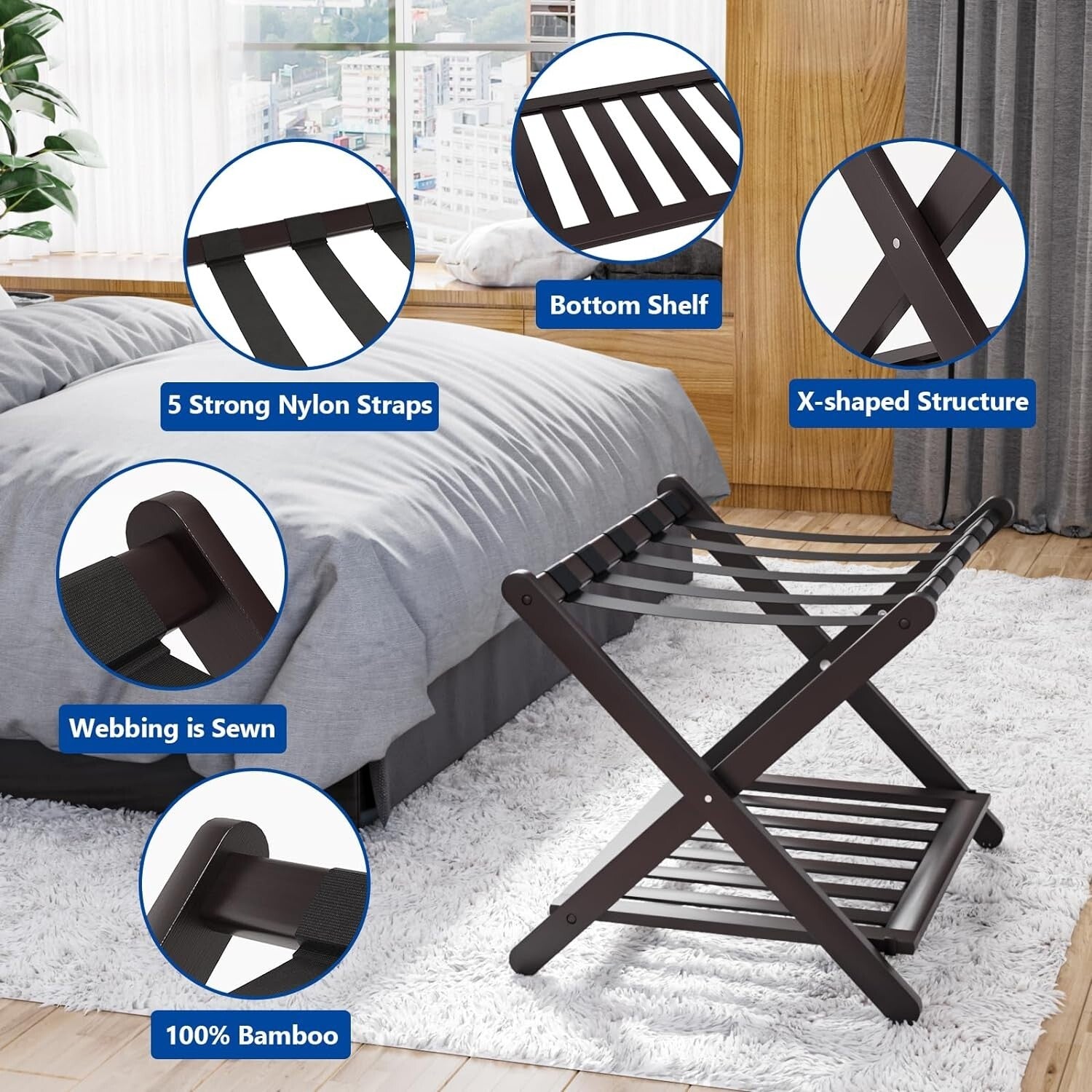 Fully Assembled Bamboo Luggage Rack with 5 Straps - Modern Guest Room Essentials