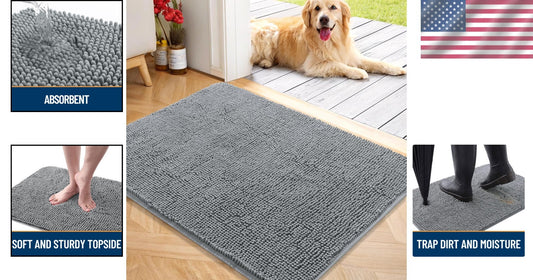 Indoor Entryway Dog Mat 40x32 - Soft Chenille, Dirt-Trapping, Grey Design
