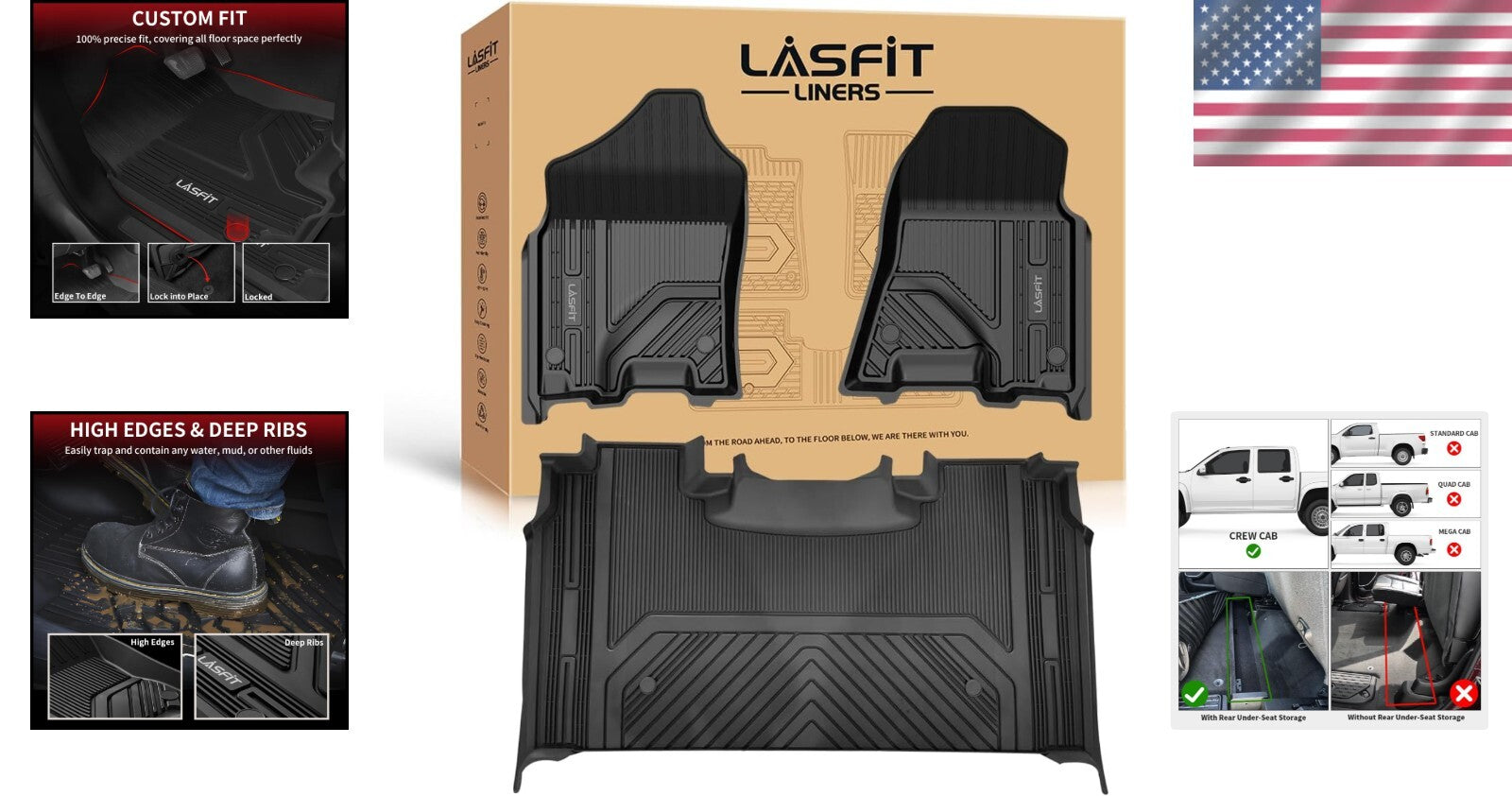 Durable Black Floor Liners for Ram 1500 Crew Cab 2019-2024 with Raised Edges