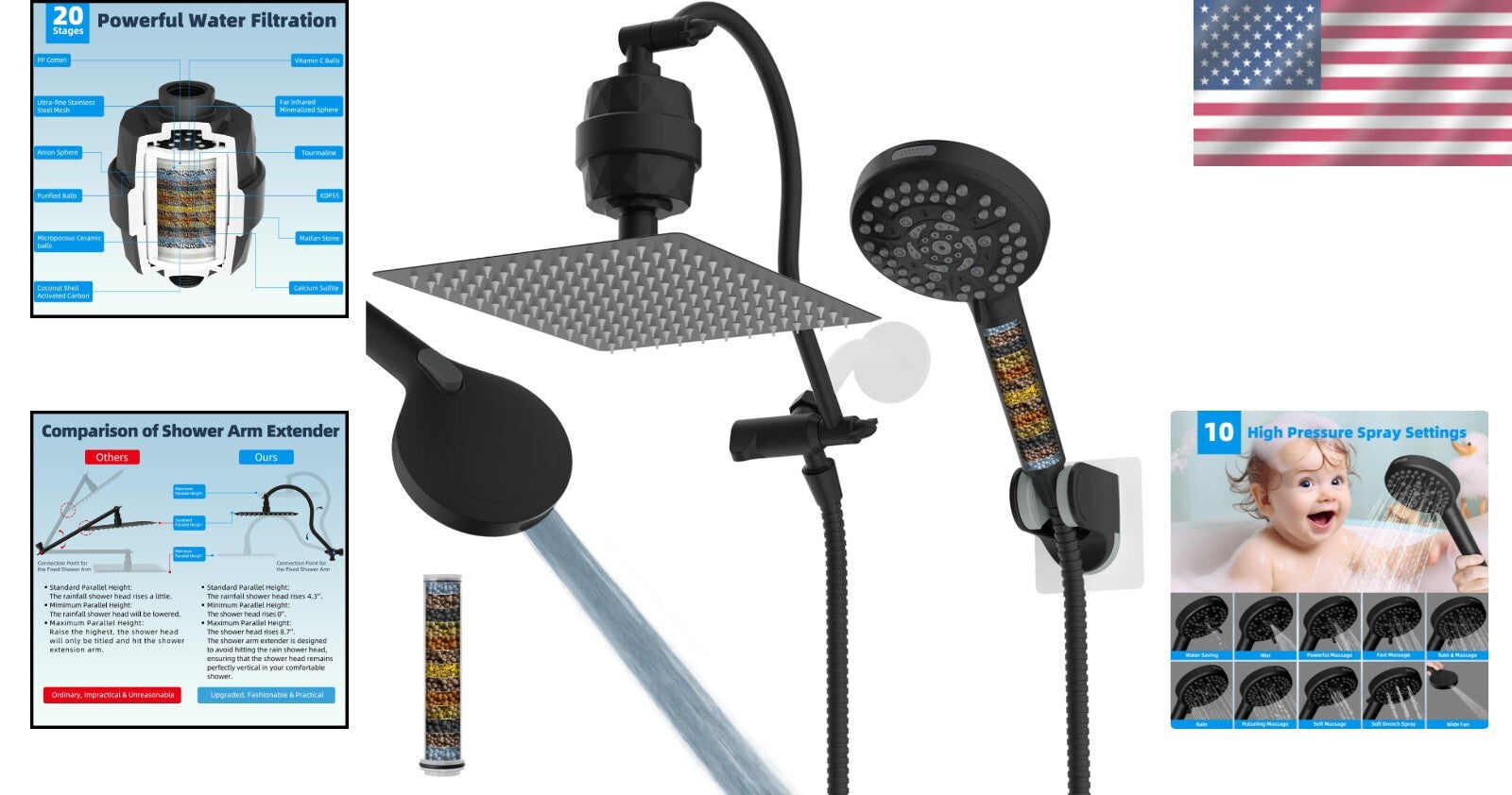 Dual Filtered Shower Head Set: 12'' Rainfall with Adjustable Arm & 10 Settings