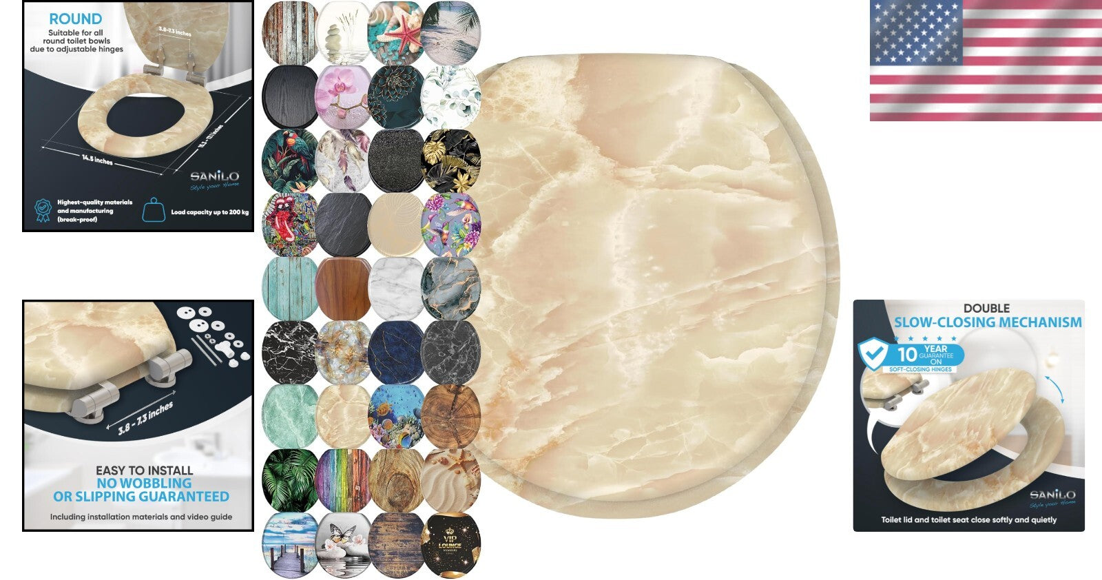 Elegant Soft Close Toilet Seat with Adjustable Hinges & Marble Nature Design