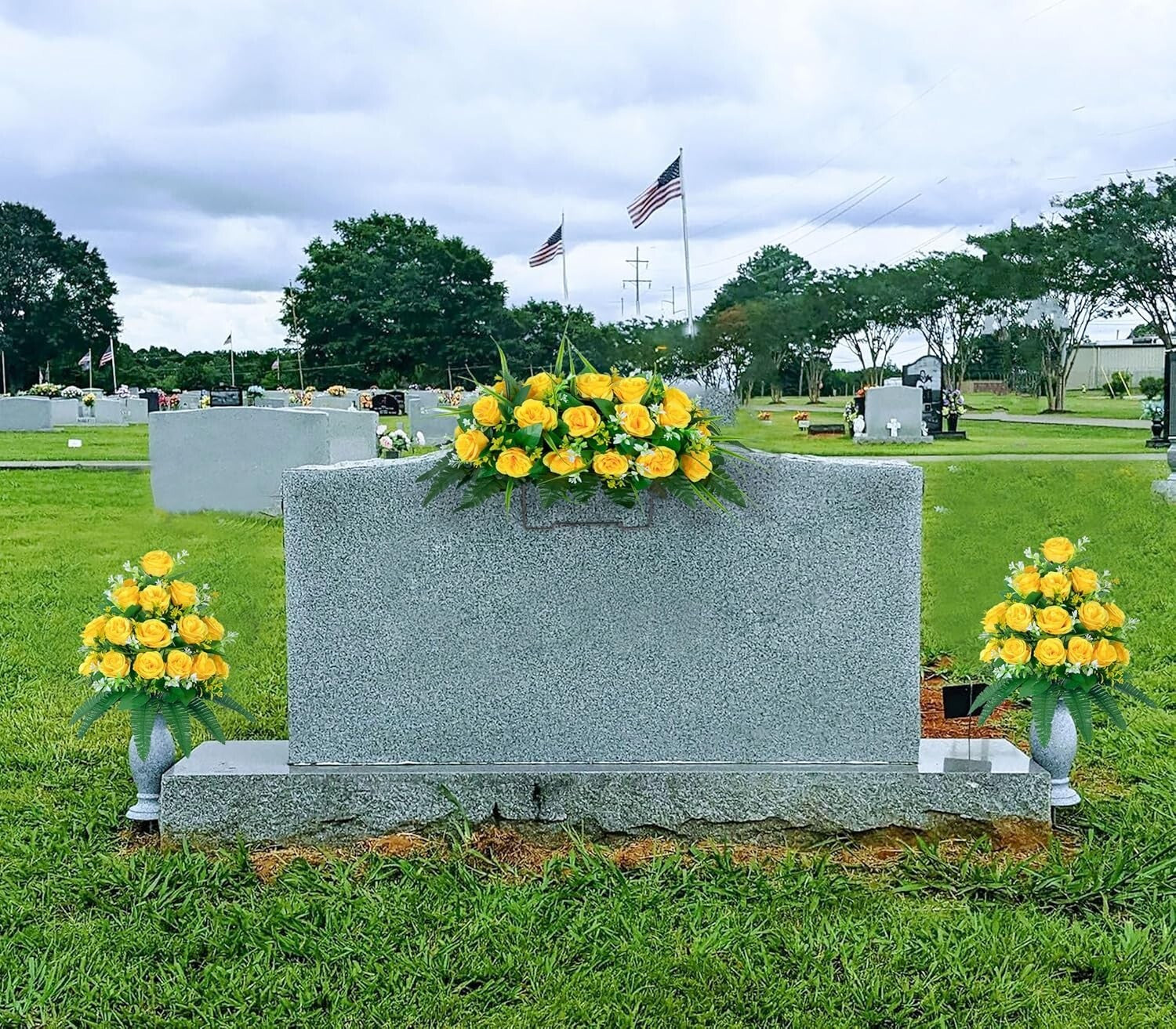 Vibrant Yellow Rose Cemetery Flower Saddle - Weather Resistant Outdoor Decor