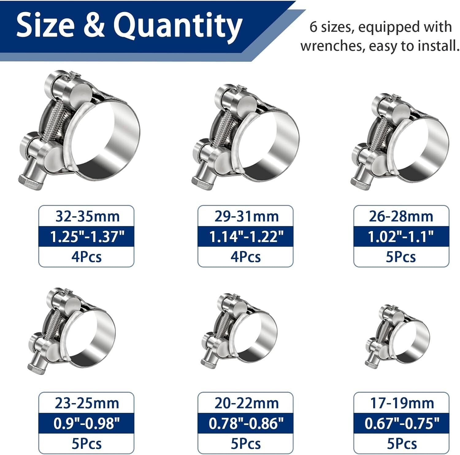 Adjustable 304 Stainless Steel T-Bolt Hose Clamps - 6 Sizes, M8 & M10 Wrenches