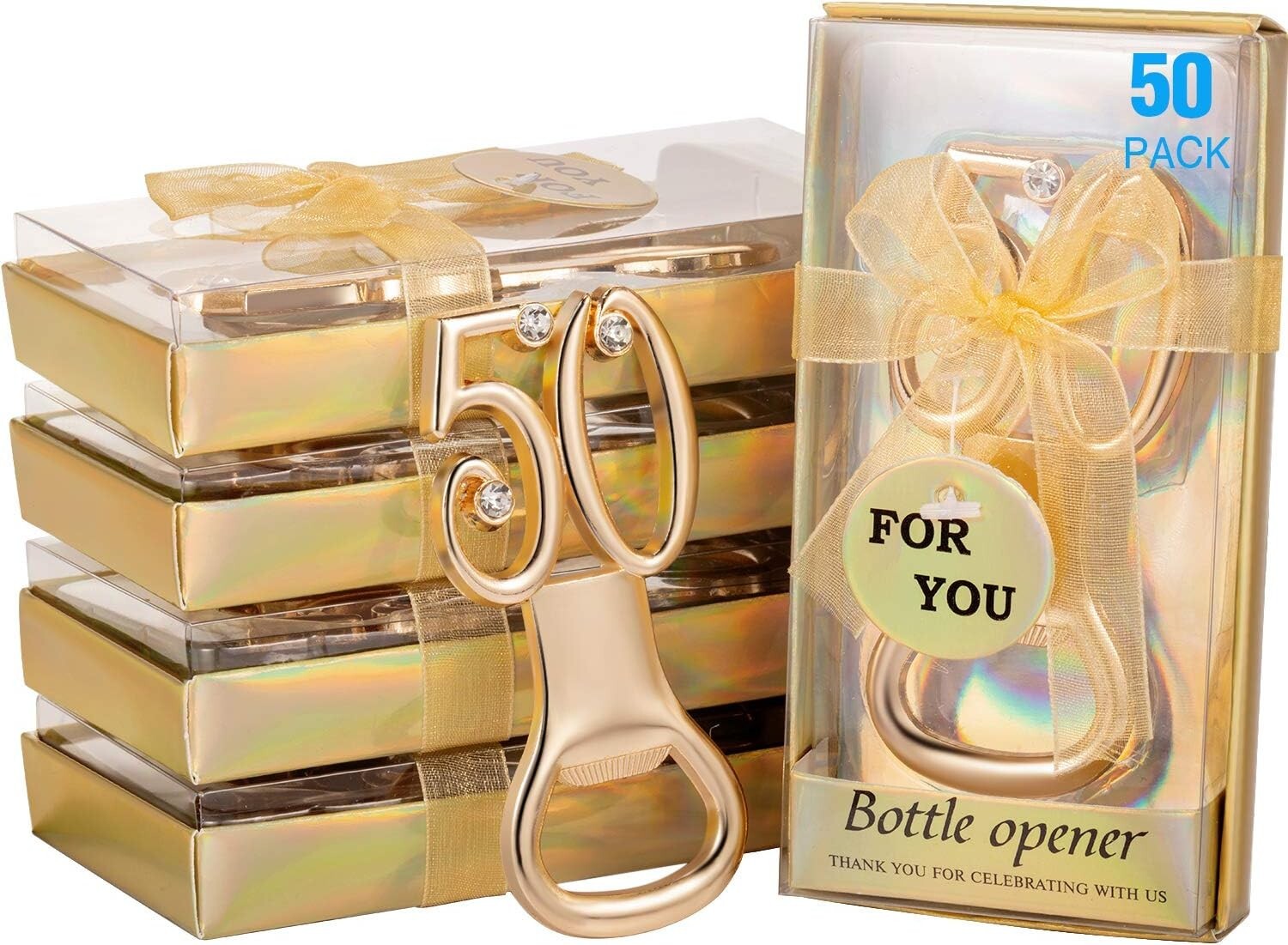 50-Piece Gold Rhinestone Bottle Opener Set for 50th Anniversary Celebrations