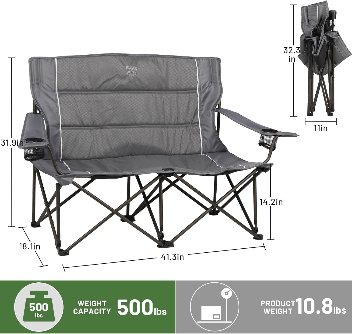 Grey Folding Camping Chair Loveseat for 2 - Perfect for Intimate Outdoor Moments